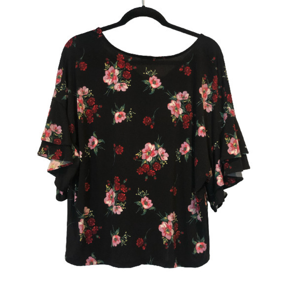 NWT NEW Express Large Black Floral Ruffle Flutter‎ Sleeve V Neck Blouse - Picture 13 of 16